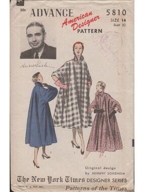 Advance 5810 Designer Herbert Sondheim 1950s Swing Coat Pattern Bust 32 Uncut
